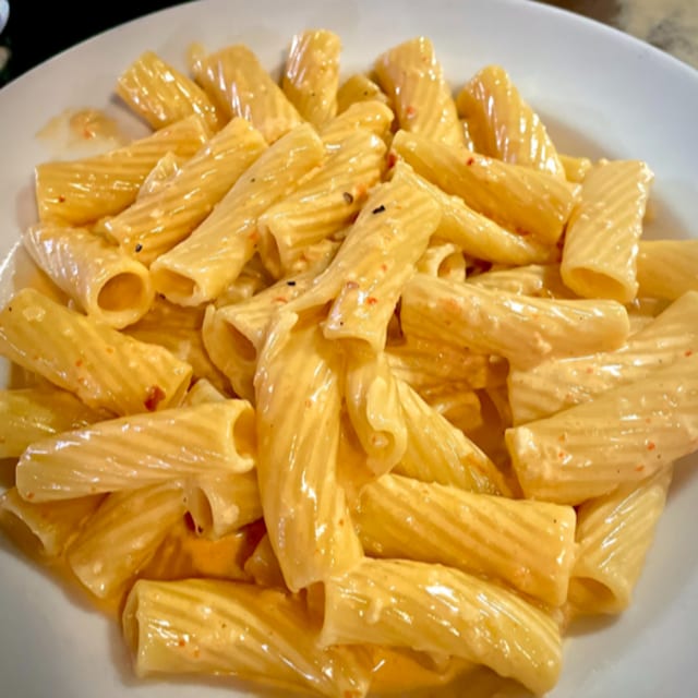 Rigatoni with Roasted Bell Pepper Cream Sauce.